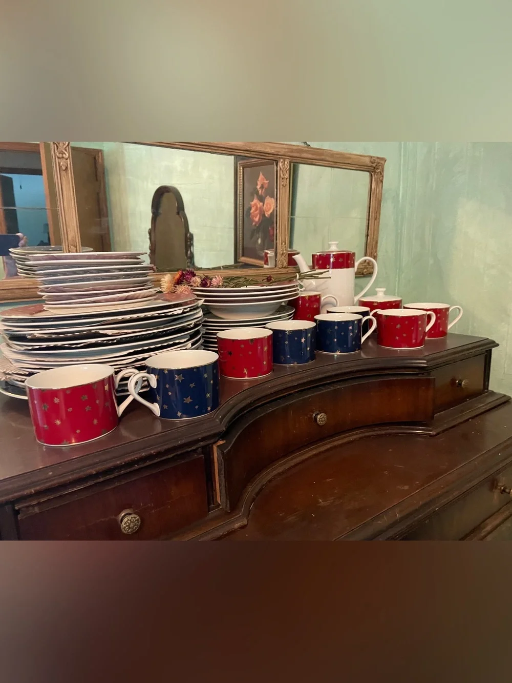 Galaxy by Sakura Red or Blue and White Cup and Saucer with 14K Gold Accents